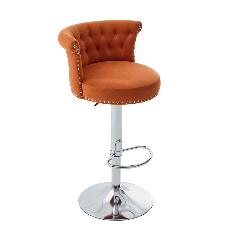 Velvet Upholstered Bar Stool Set of 2, Adjusatble Height Swivel Bar Stools, Dining Chairs with Curved Backrest & Footrest