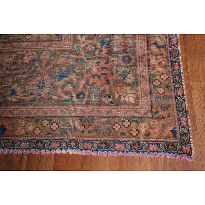 Distressed Mashad Persian Vintage Area Rug Hand-Knotted Wool Carpet - 9'7" x 12'7"