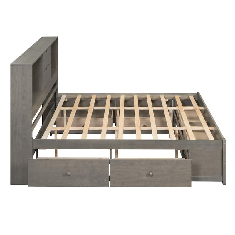 Queen Size Storage Bed Platform Bed with Open Storage Headboard, 4 Under-bed Drawers, 4 Bed End Drawers, Grey Wooden Bed