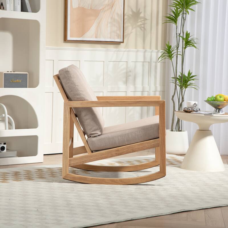 Comfortable Upholstered Glider Chair with Natural Rubberwood Frame and Khaki Finish