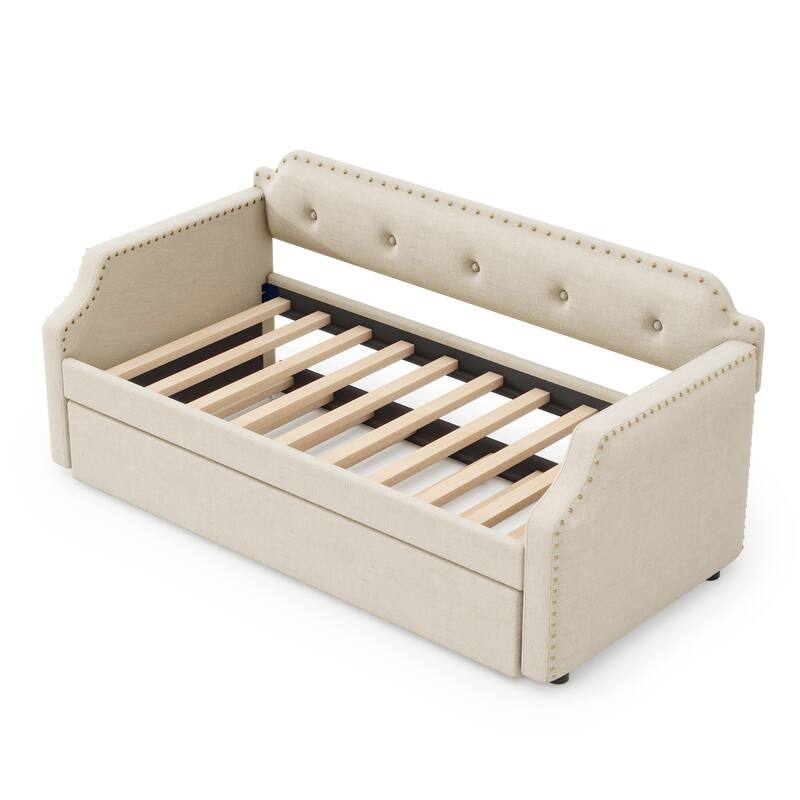 Twin Upholstered Daybed with Trundle and Nailhead Trim, Wood Slat Support