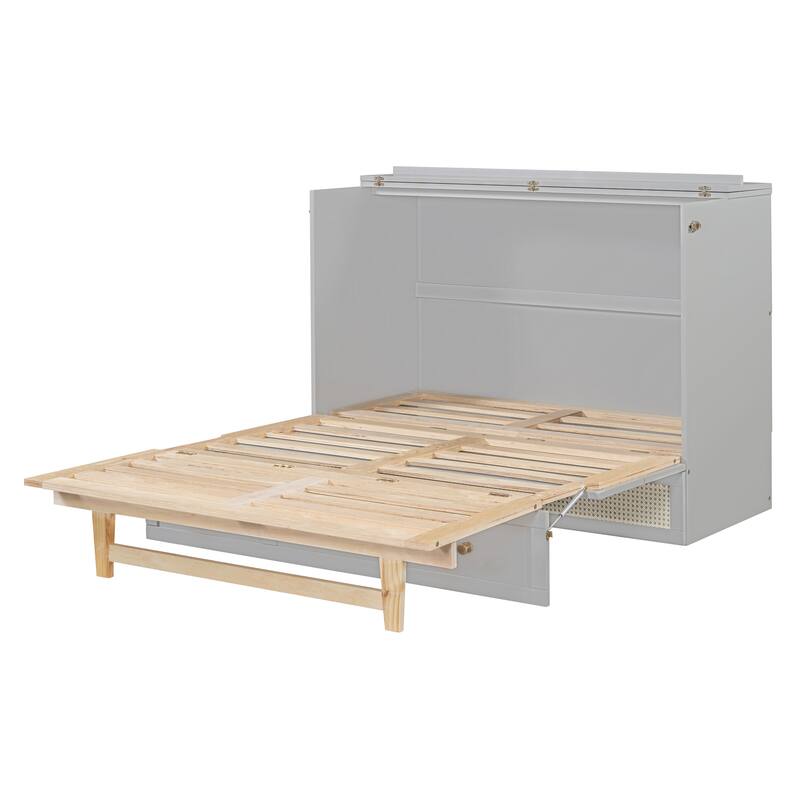 Full Size Murphy Bed Hidden Cabinet Bed with Drawer Underneath and Rattan Patterned, Clever Space Utilization Classic Grey