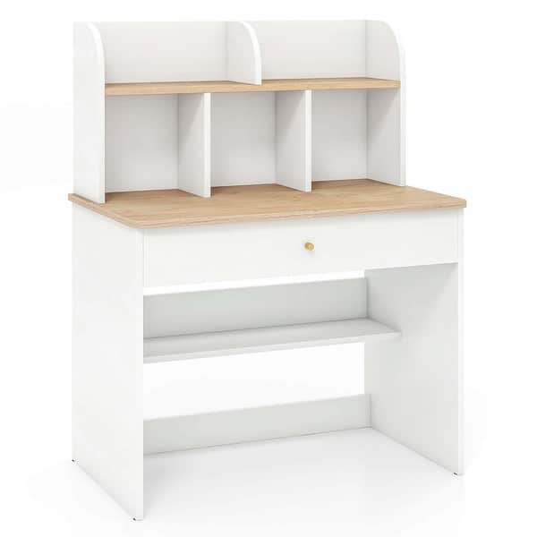 slide 2 of 5, Wooden Children School Study Table Kids Desk w/ Hutch Storage Shelves White