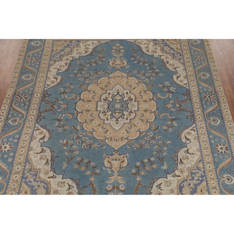Light Blue Tabriz Persian Vintage Area Rug Hand-Knotted Wool Carpet - 9'7"x 12'6"