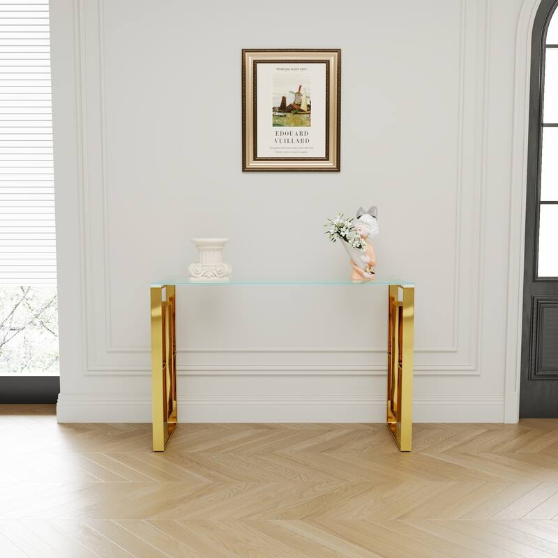 Gold Glass Top Console Table with Stainless Steel Legs Modern Minimalist Entryway Living Room Accent Furniture