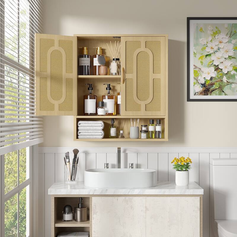 VECELO Oak Finish Wall Mounted Bathroom Cabinet Double Door Woven Rattan Medicine Cabinet with Adjustable Shelves & Open Storage