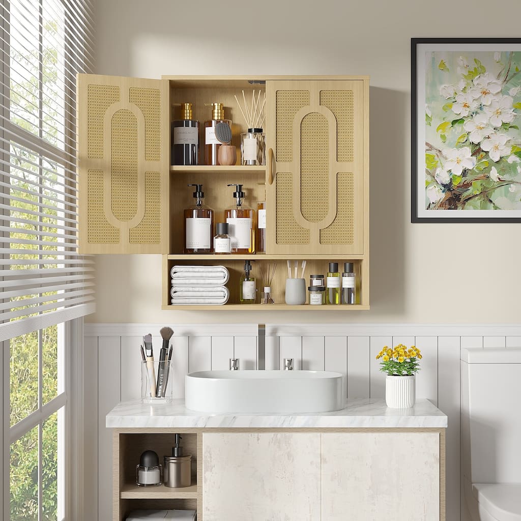 VECELO Oak Finish Wall Mounted Bathroom Cabinet Double Door Woven Rattan Medicine Cabinet with Adjustable Shelves & Open Storage