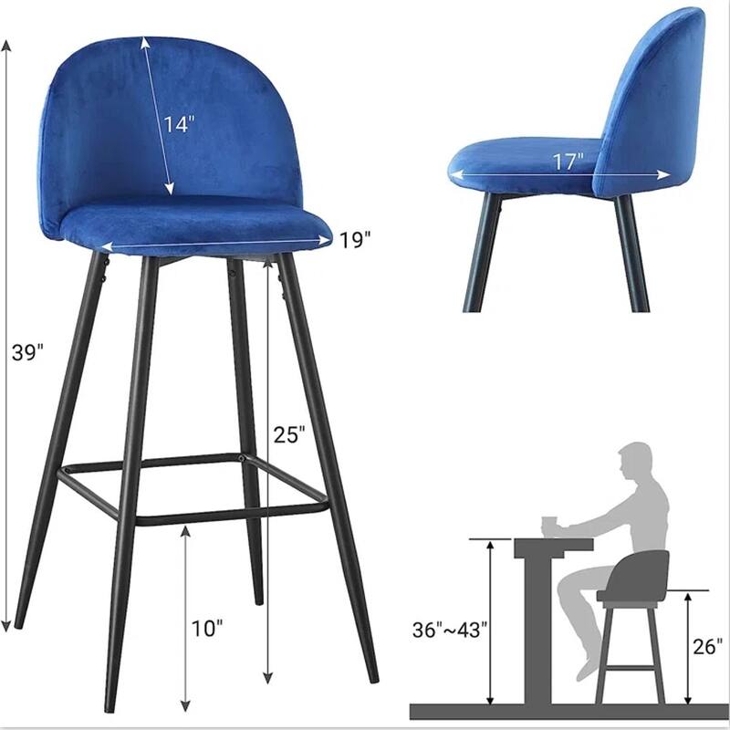 2 Pack Velvet Bar Stools, Counter Height Metal Legs Footrests