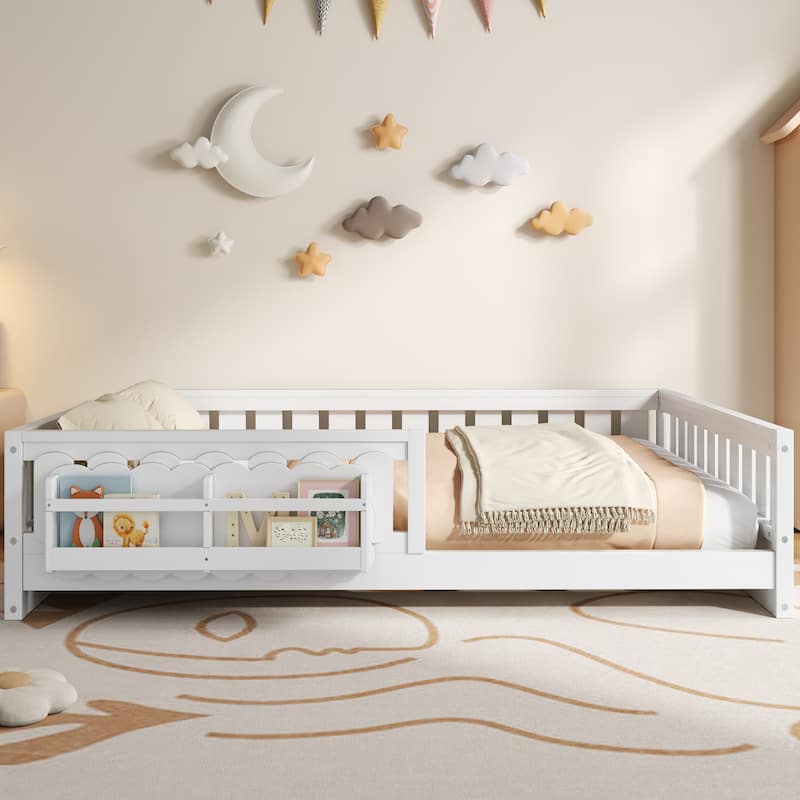 Kid Wood Platform Storage Bed Montessori Toddler Floor Bed Children Daybed with Guardrail and Side Creativity Storage Shelves