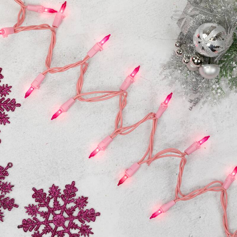 100ct Pink Mini Christmas Light Set, 20ft Pink Wire