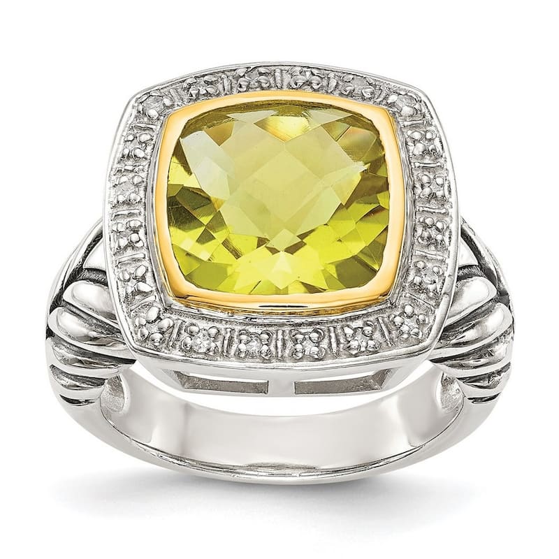 Curata 925 Sterling Silver Polished Open back 14k Diamond Lemon Quartz Ring