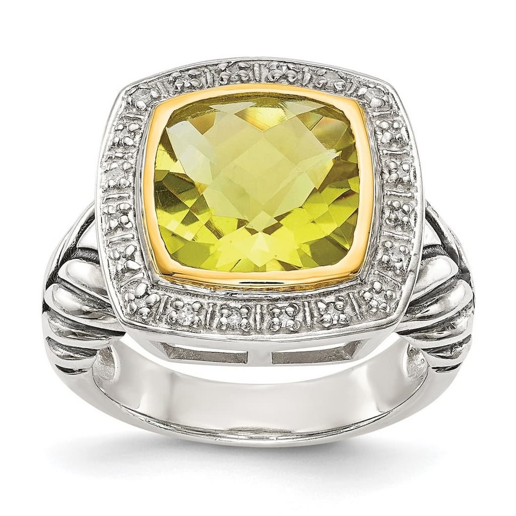 Curata 925 Sterling Silver Polished Open back 14k Diamond Lemon Quartz Ring