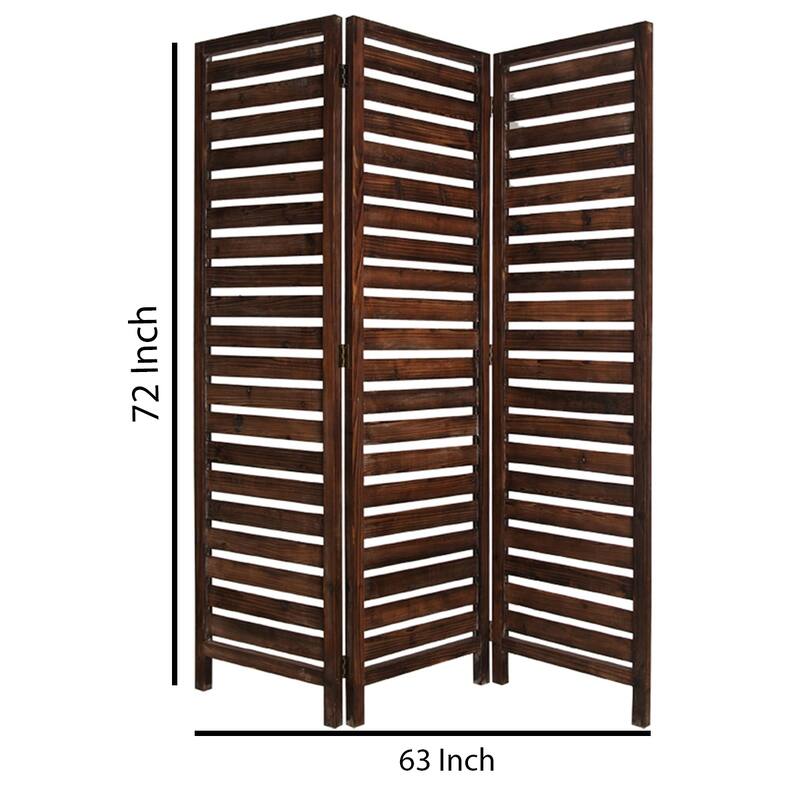 3 Panel Foldable Wooden Screen with Louver Pattern, Dark Brown