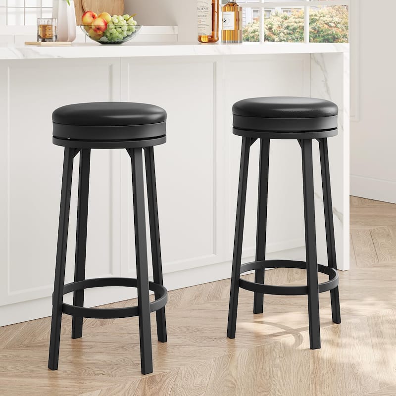 30'' Swivel Bar Stools Set of 4, Counter Height Bar Stools with Footrest，Backless Round Design with Waterproof - Black - 2-Piece