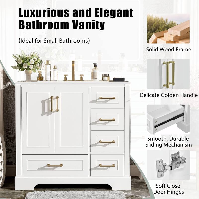 36" Bathroom Vanity with Ceramic Sink - Soft Close Doors and Four Storage Drawers