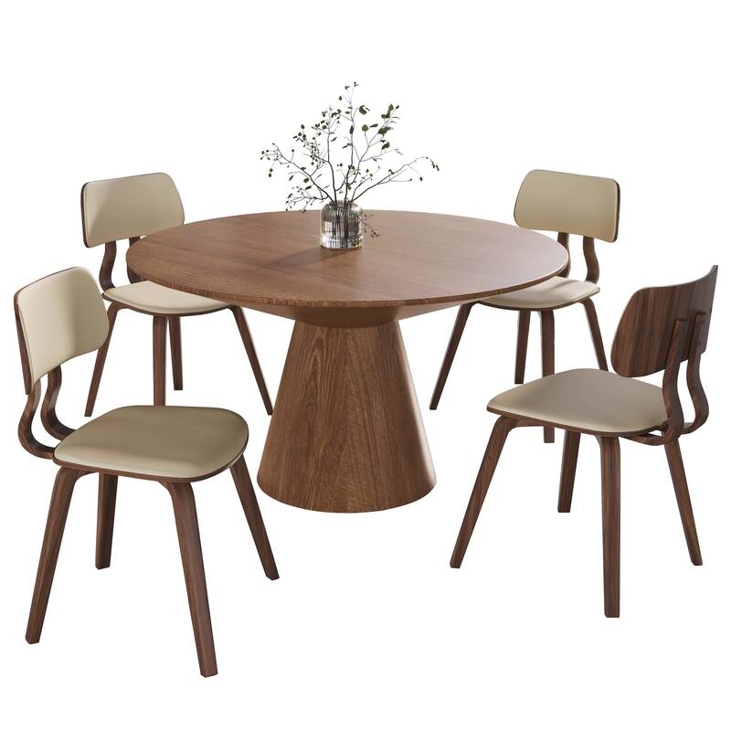 5-Piece Dining Set with 47-Inch Round Ash Wood Dining Table and 4 Leather Accent Side Chairs - Walnut/Cream