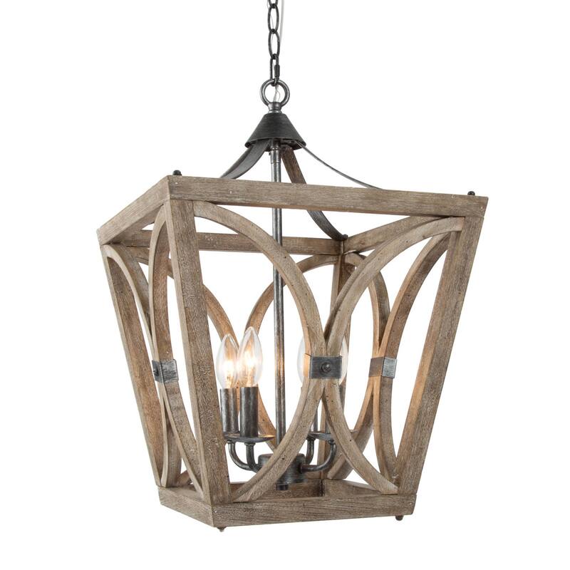 Kiria Wooden Farmhouse Chandelier Candle 4-light Hanging Ceiling Lantern Foyer Pendant Lighting - L 15.5" x W 15.5 "x H 21.5"
