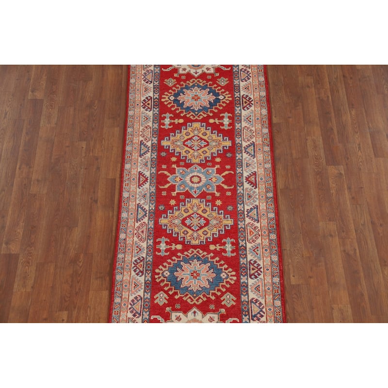Geometric Red Kazak Oriental Runner Rug Hand-Knotted Wool Carpet - 2'7" x 9'4"