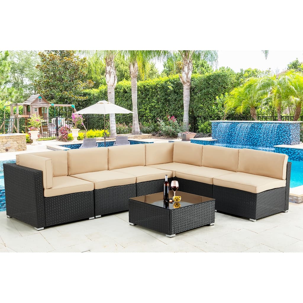 AECOJOY 7 Pieces Outdoor Sectional Sofa Wicker Rattan Conversation Set