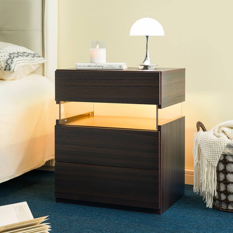 LED Nightstands 3 Drawer Dresser for Bedroom End Table with Acrylic Board LED Bedside Tables