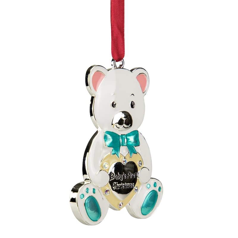 3" Pastel Silver Plated Bear Baby's First Ornament European Crystals