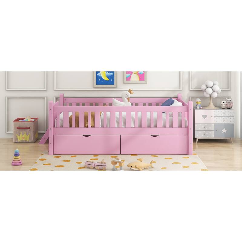 Roomfitters Twin Wood Platform Bed with Guardrail and 2 Storage Drawers