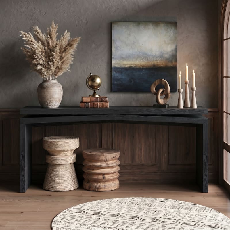 GDFStudio - Alex Farmhouse 65" Real Wood Veneer Console Table for Entryway - Black