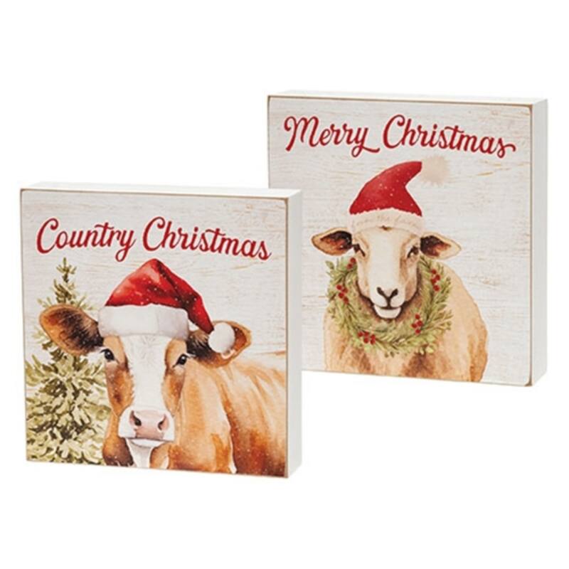 Christmas Farm Animal Box Sign Cow and Sheep Decor 2 Asstd. - 8" H x 8" W x 1.5" D - Multi
