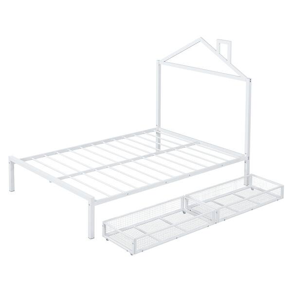slide 2 of 14, Full Metal Platform Bed with 2 Drawers & House-Shaped Headboard, White White - Full