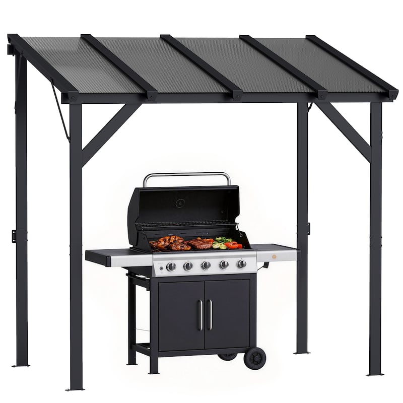 Outsunny 8' x 5' Hardtop Grill Gazebo, Lean-to BBQ Gazebo Shelter, Wall-Mounted Pergola with Polycarbonate Roof and Steel Frame