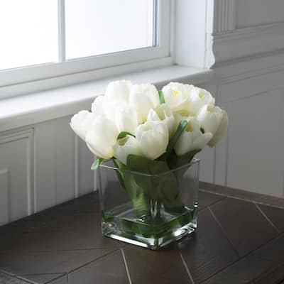 Pure Garden Tulip Floral Arrangement with Glass Vase - Cream