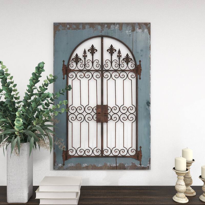 Wood Fleur De Lis Arched Windowpane Home Wall Decor with Rust Metal Scrolled Gate - Blue - Roche River Decor