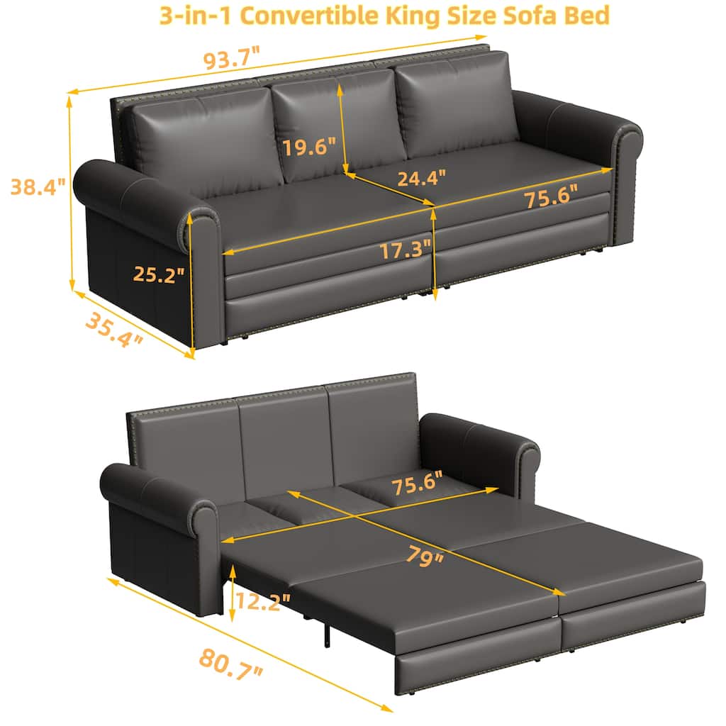 FurnitureR 93.7" Chesterfield Pull Out Sofa Bed, Faux Leather 3-in-1 Sleeper Sofa, Grey