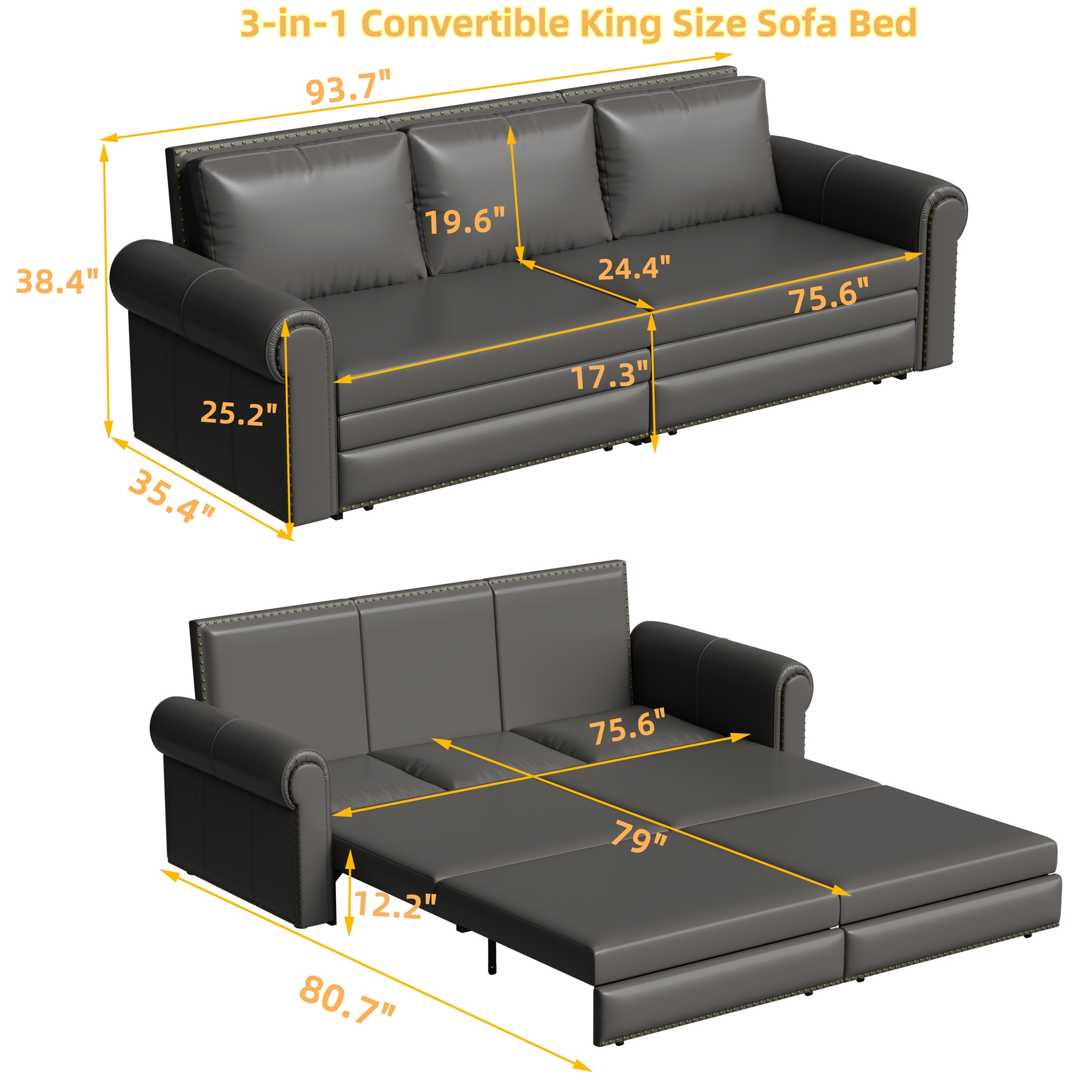 FurnitureR 93.7" Chesterfield Pull Out Sofa Bed, Faux Leather 3-in-1 Sleeper Sofa, Grey