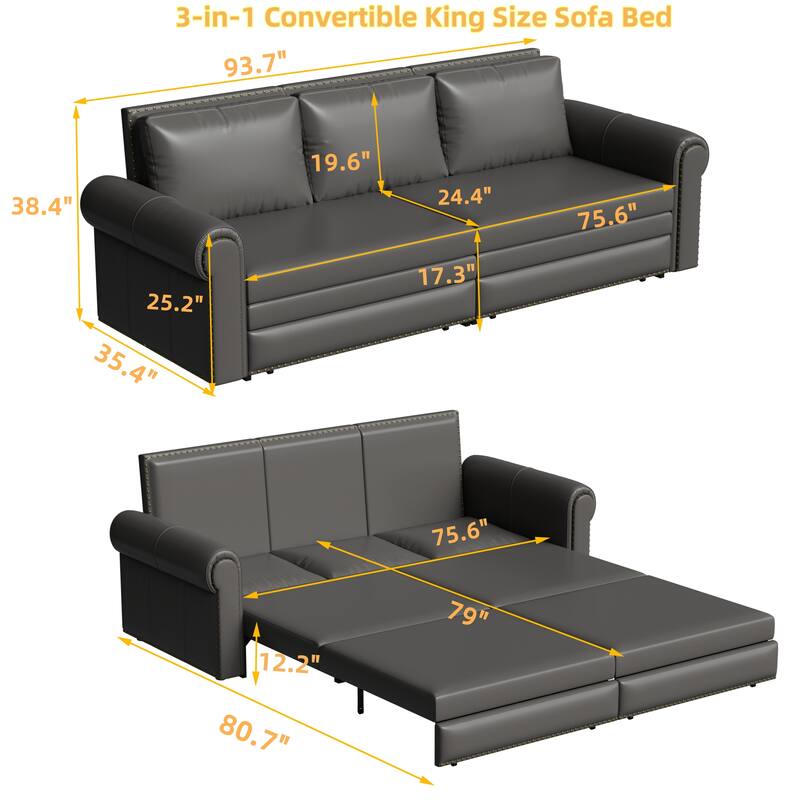 King Pull Out Sofa Bed, 3-in-1 Convertible Leather Sleeper Sofa, Chaise Lounge Daybed with Nailhead Trim & Rolled Arm