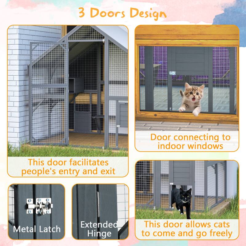 Large Outdoor Cat House - 28ft² Walk-In Wooden Catio with Cat Doors, Playpens, Bridges & Roof, Grey