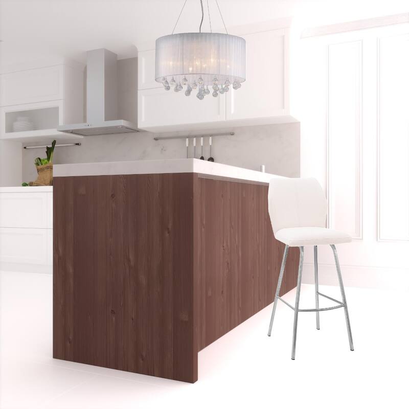 Contemporary Bar Stool in White Faux Leather with Full Back and Brushed Iron Frame for Kitchen