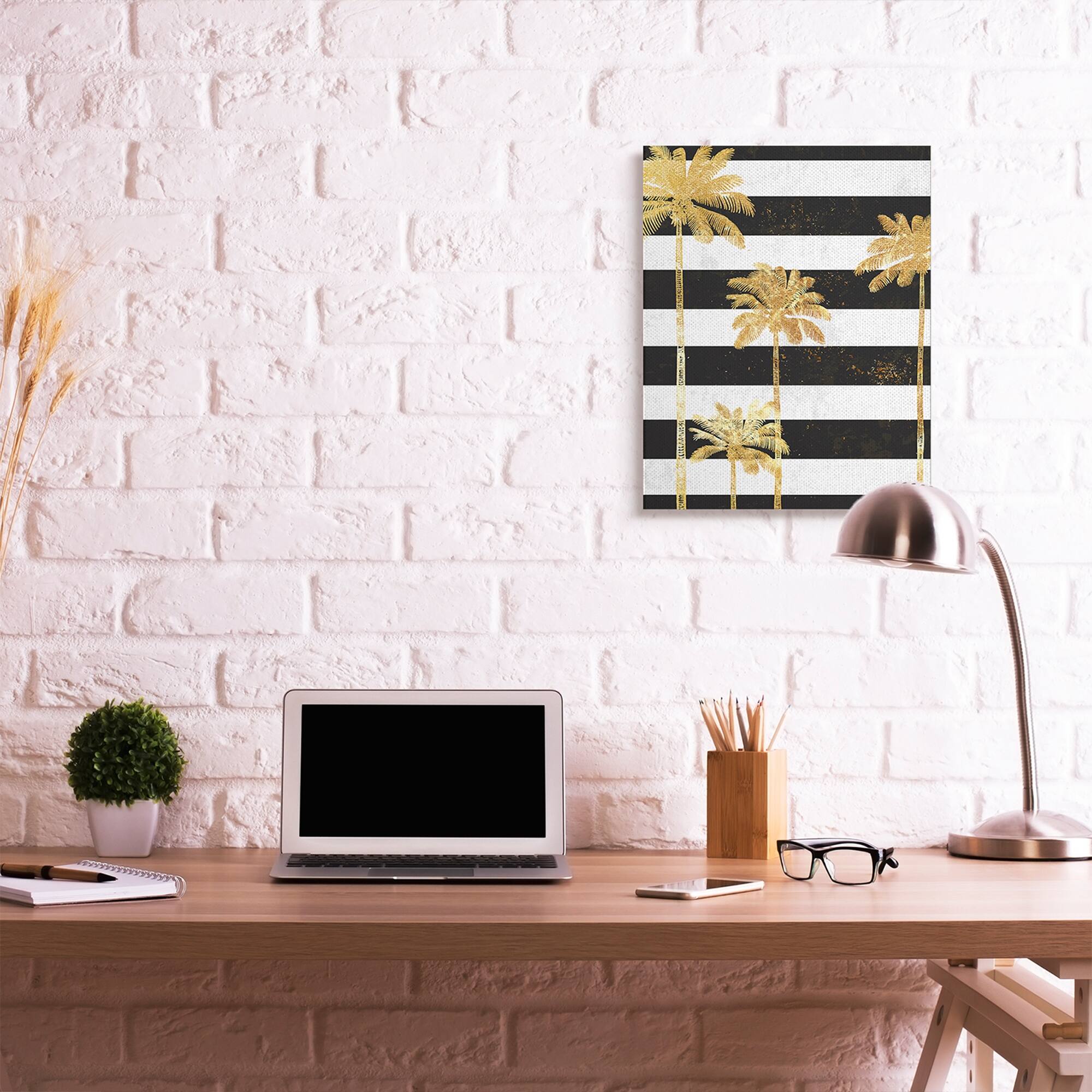 Stupell Golden Palm Trees Bold Black White Stripes Canvas Wall Art