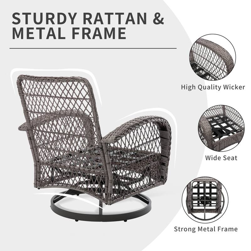 3 Pieces Outdoor Swivel Rocker Chairs, 360 Degree, Thickened Cushions & Glass Coffee Table