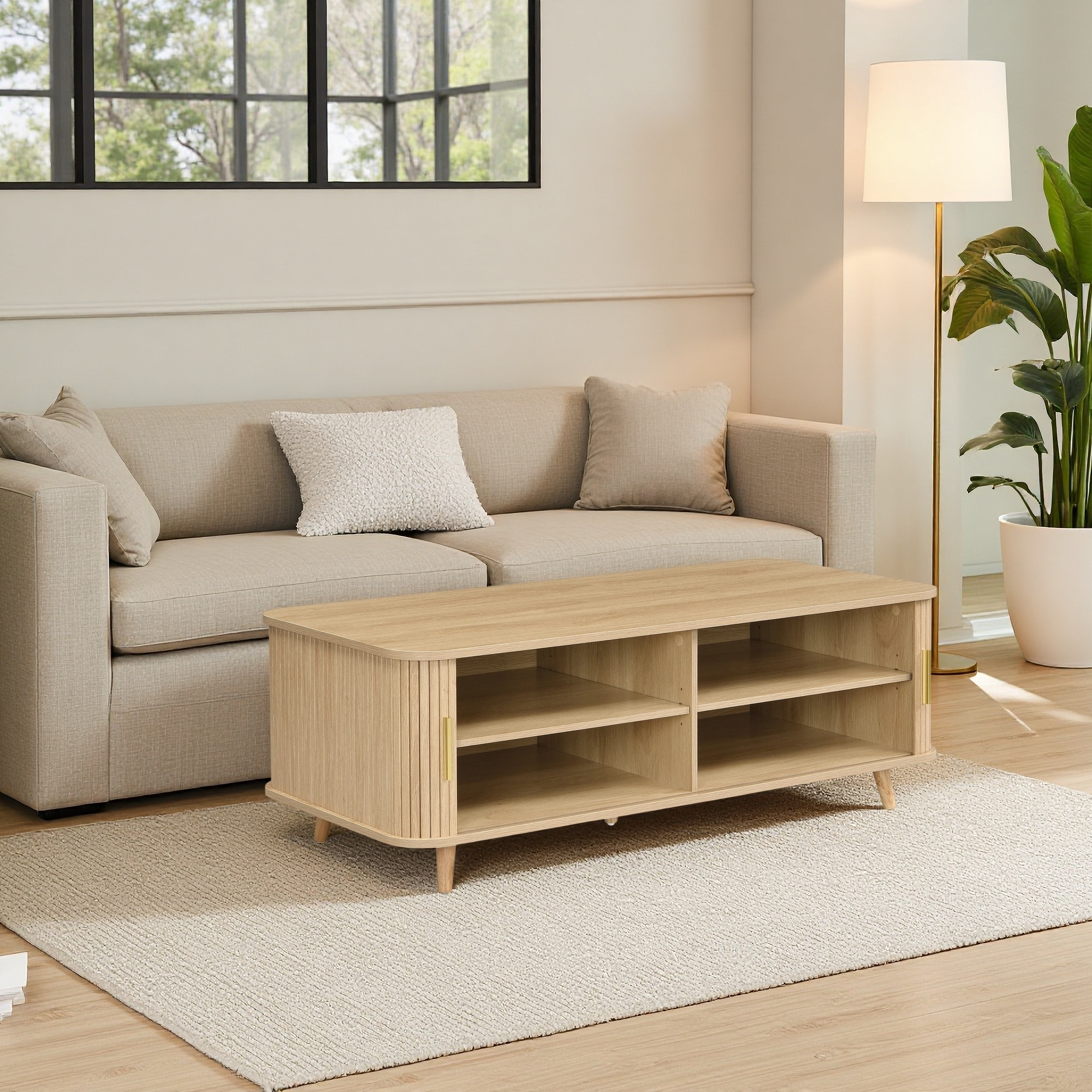 47.24" Mid-Century Modern Coffee Table with 4 Open Storage Shelves and 2 Doors for Living Room