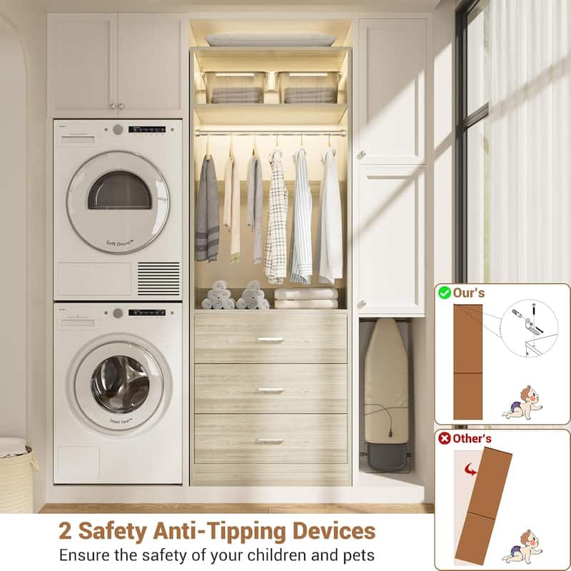 Kyrvo 24" Freestanding Closet Organizer System with Hanging Rod & Shelves,Heavy Duty Closet System with 3 Wood Drawers