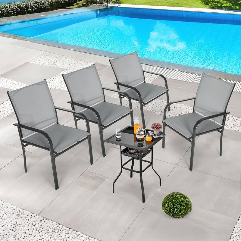 Outdoor Patio Dining Chairs Set of 4, Metal Frame Textilene Fabric Chairs with Armrest