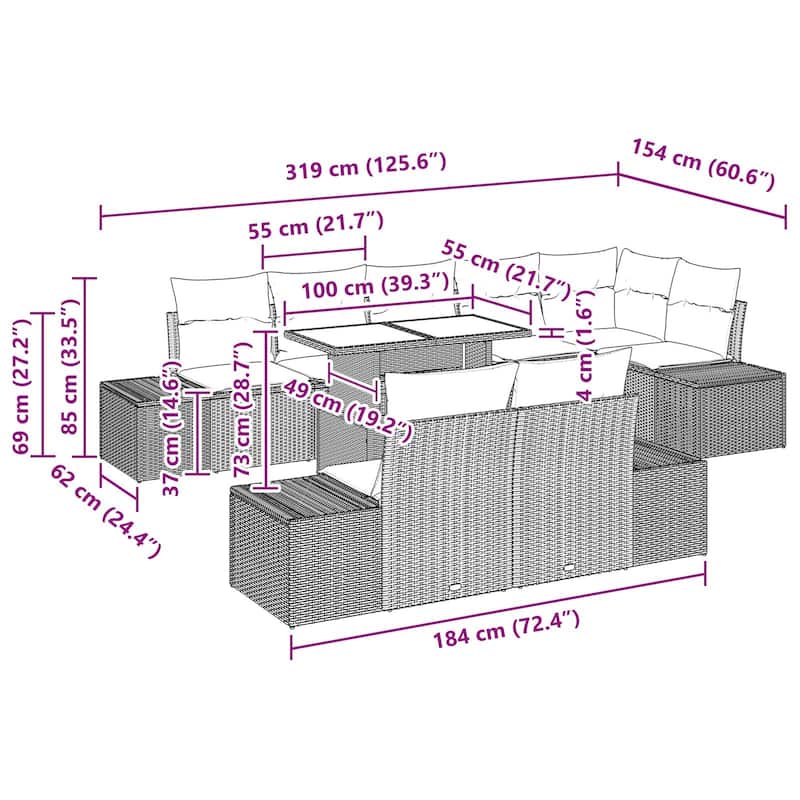 vidaXL 9 Piece Garden Sofa Set with Cushions - 125.6×60.6×27.2
