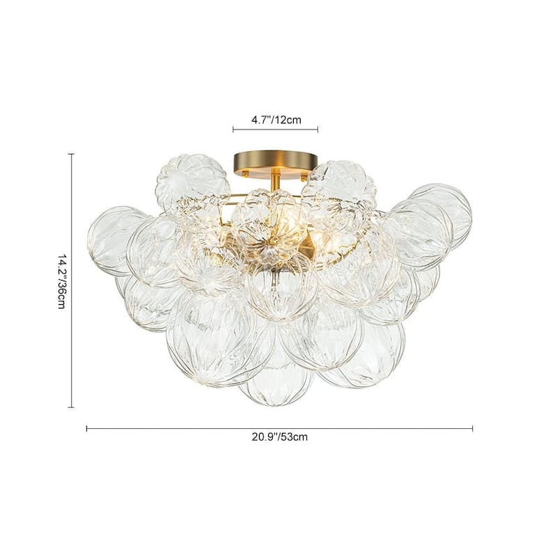 Brass 3-Light Faceted Glass Globe Cluster Bubble Semi Flush Mount