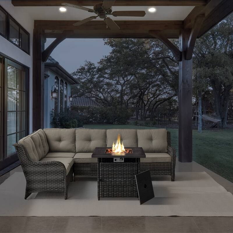 Gymojoy 2-Piece Outdoor Wicker Patio Furniture with Fire Pit and L-shaped Sectional Sofa, Coversation Set with Thick Cushions