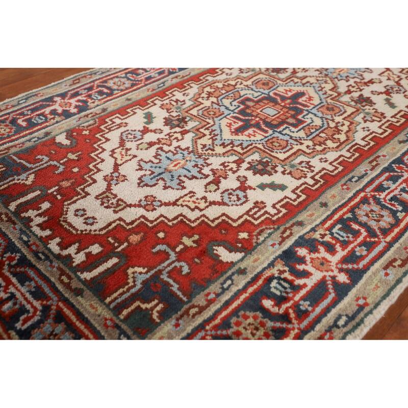 Ivory Geometric Heriz Serapi Oriental Accent Rug Handmade Wool Carpet - 3'0" X 4'11"