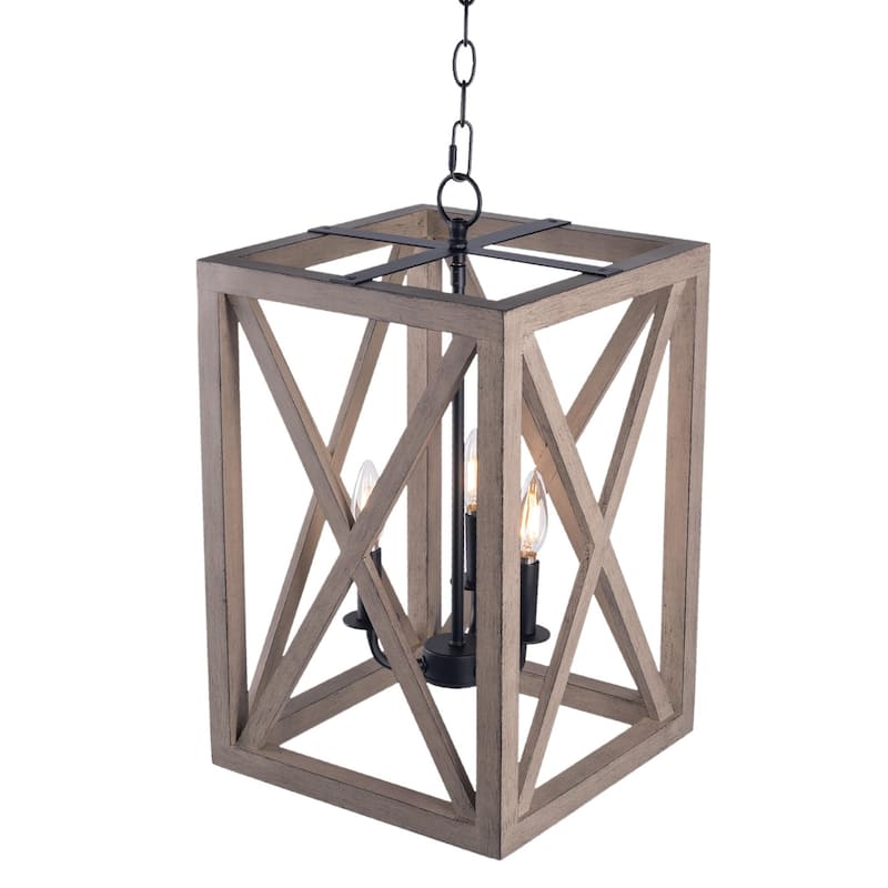 Adjustable 3-Light Wood Candle Rectangle Chandelier