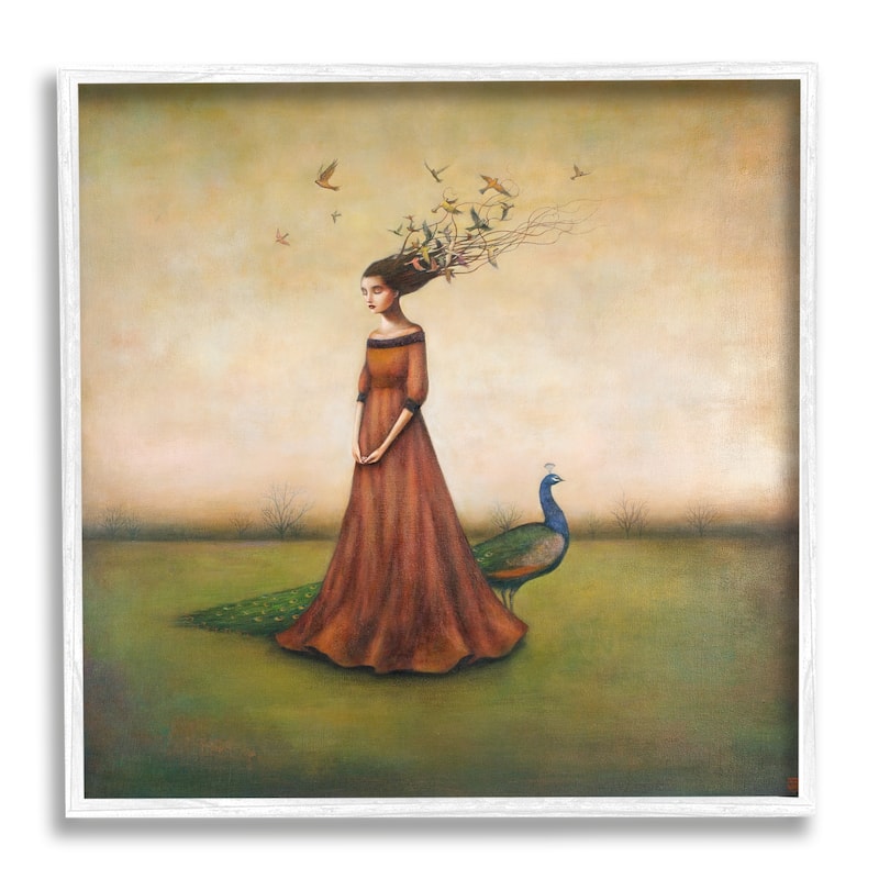 Stupell Beauty and Birds in Her Hair Woman and Peacock Framed Art, 12 x 12, Design By Artist Duy Huynh - Multi-Color - 12 x 12 - White