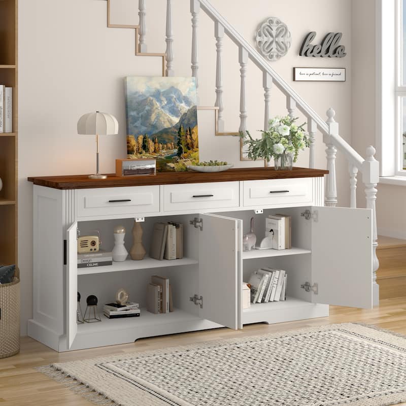 Buffet Sideboard Storage Cabinet with 3 Drawers & 4 Doors, Kitchen Accent Buffet Console Table Credenza with Adjustable Shelves