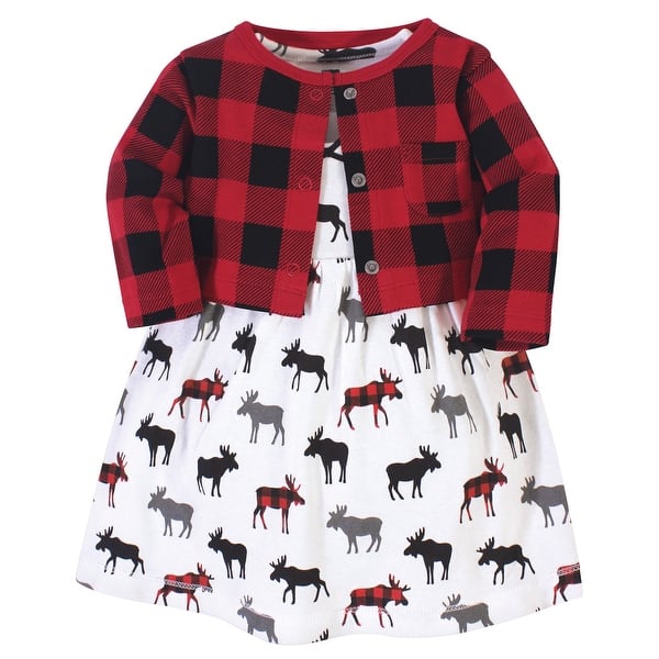 slide 1 of 1, Hudson Baby Toddler Girl Cotton Dress and Cardigan 2pc Set, Buffalo Plaid Moose 2T - Buffalo Plaid Moose